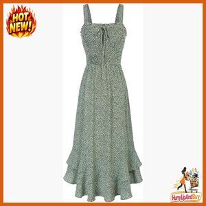 Floral Boho Maxi Dress Square Neck Strapped Swing A Line Sundress Beach